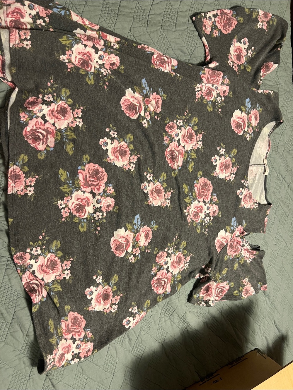 Women’s Floral Short-Sleeve Blouse - Pink Roses on Charcoal